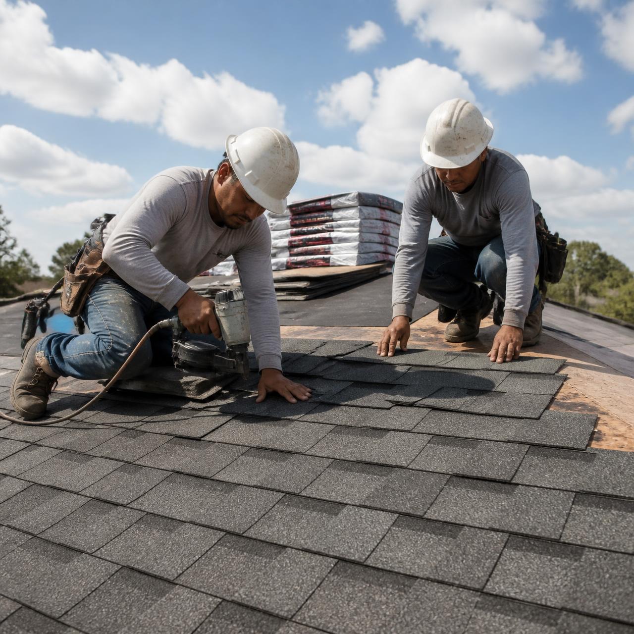 Candela Roofing crew installing shingles